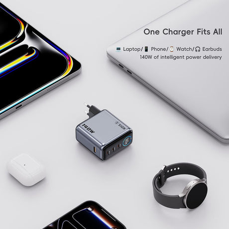 SiGN 140W Pikalataaja näytöllä 3xUSB-C/1xUSB-A Harmaa