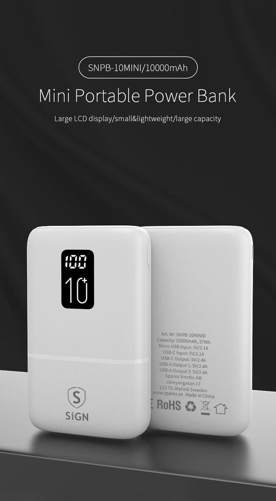 SiGN Mini Powerbank med Display 10 000mAh Valkoinen
