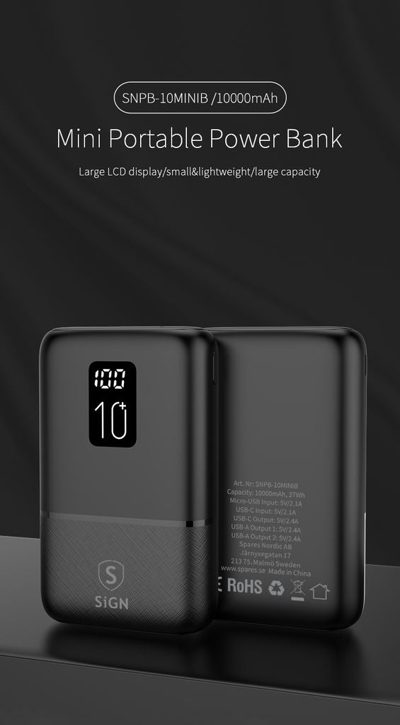 SiGN Mini Powerbank med Display 10 000mAh Musta