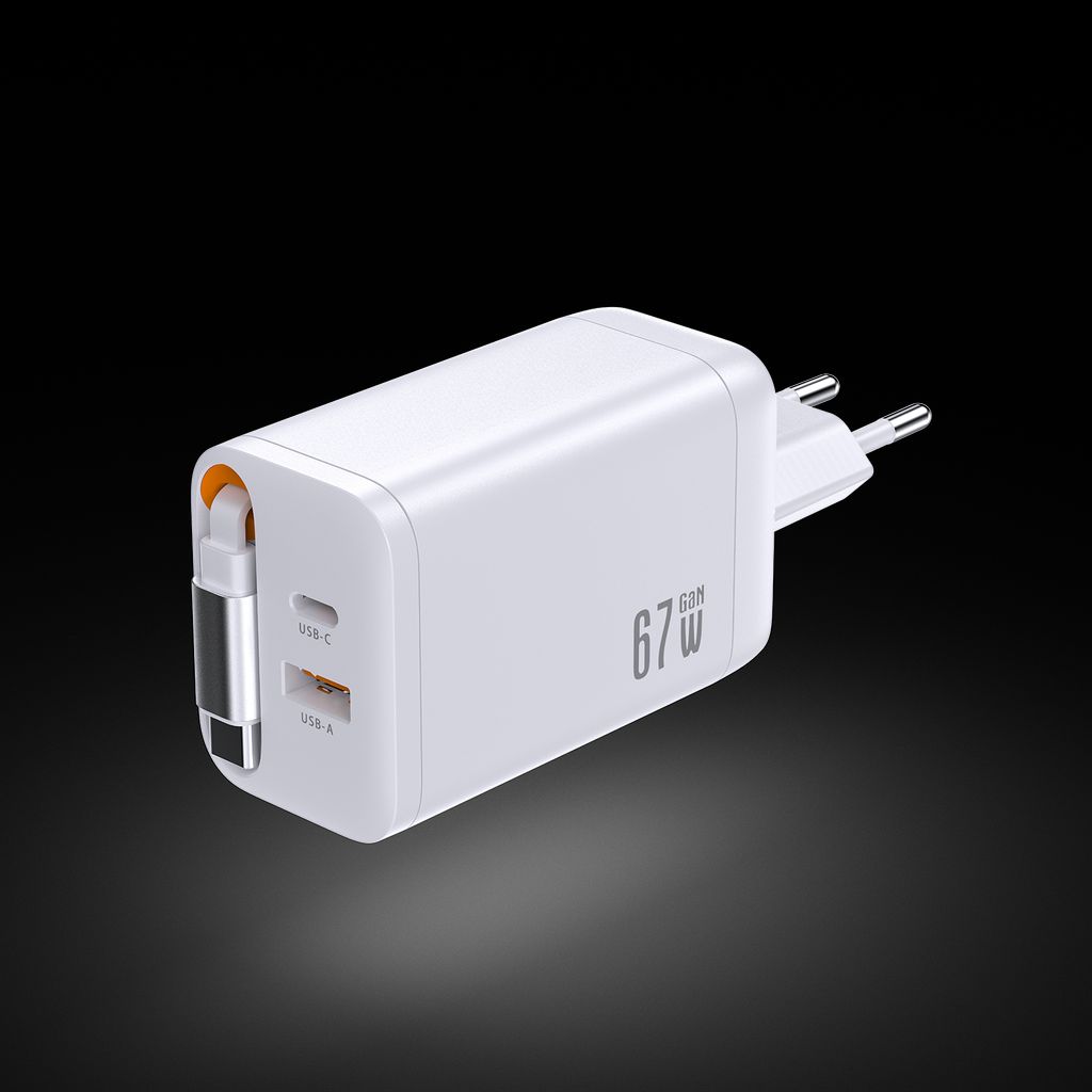 SiGN 65W Snabbladdare GaN med utdragbar USB-C kabel Valkoinen