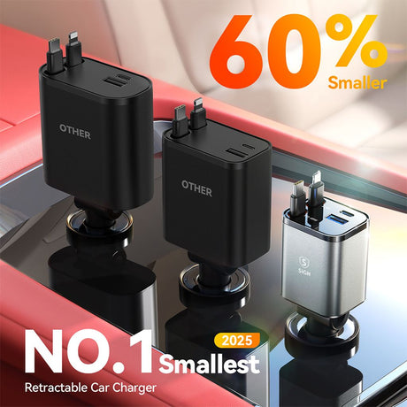 SiGN 4-in-1 autolaturi vedettävillä USB-C/Lightning-kaapeleilla 45W