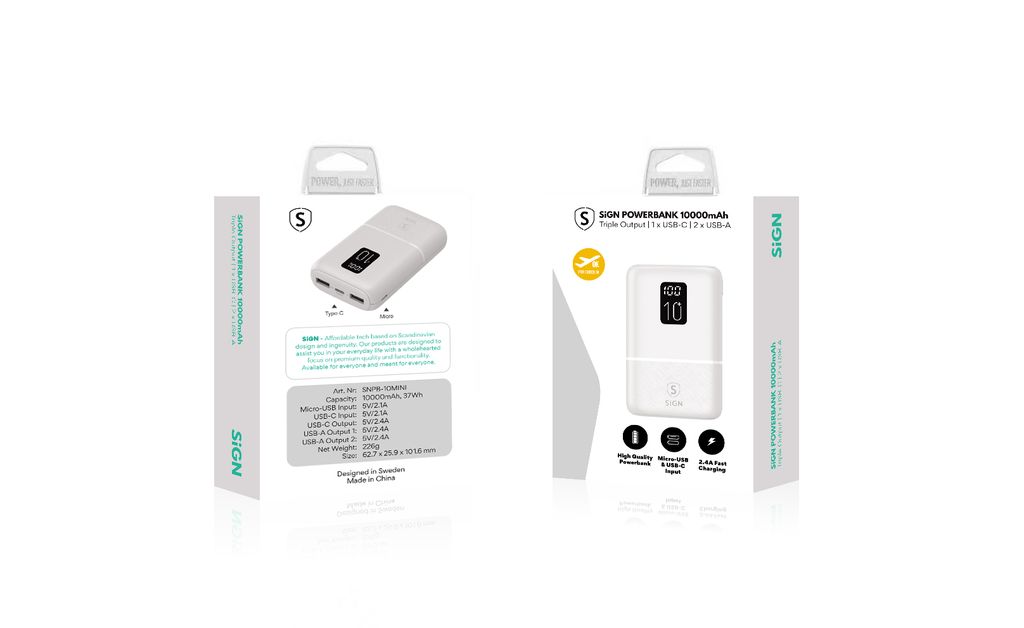 SiGN Mini Powerbank med Display 10 000mAh Valkoinen