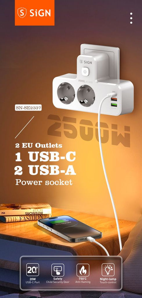 SiGN 2-tie Jatkorasitimet LED-yövalolla 20W USB-A/USB-C