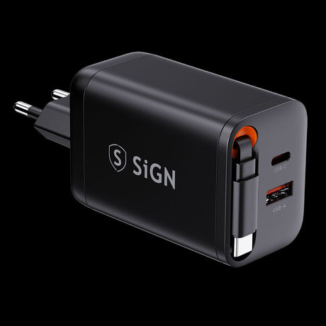 SiGN 65W Snabbladdare GaN med utdragbar USB-C kabel Musta