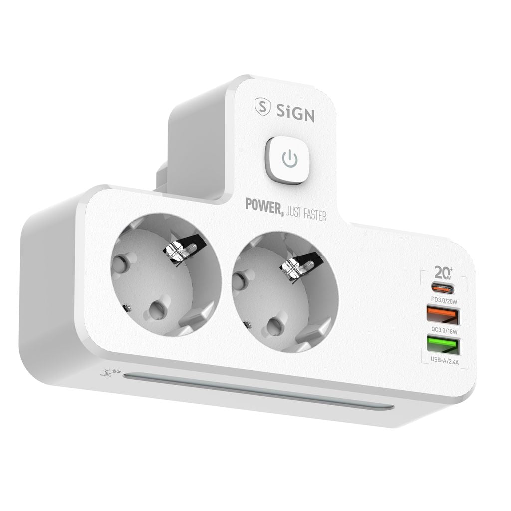 SiGN 2-tie Jatkorasitimet LED-yövalolla 20W USB-A/USB-C