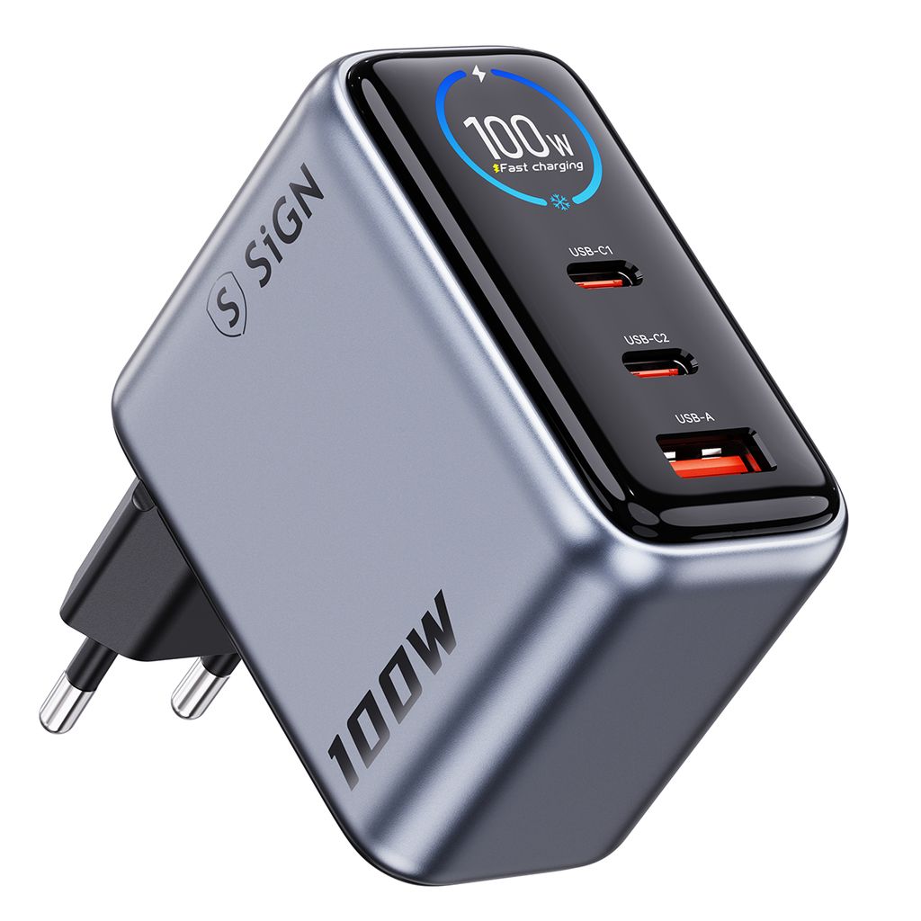 SiGN 100W Pikalataaja näytöllä 2xUSB-C/1xUSB-A Harmaa