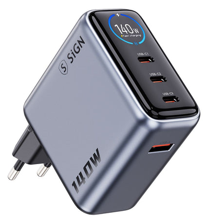 SiGN 140W Pikalataaja näytöllä 3xUSB-C/1xUSB-A Harmaa