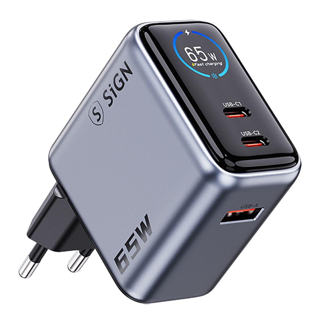 SiGN 65W Seinälataaja näytöllä 2xUSB-C/1x USB-A Harmaa
