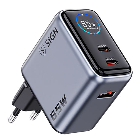 SiGN 65W Seinälataaja näytöllä 2xUSB-C/1x USB-A Harmaa