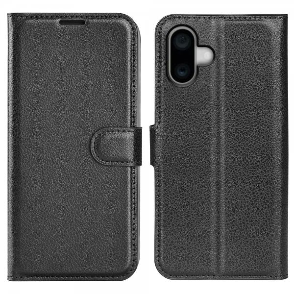 iPhone 16 Plus -kotelo, litsi-nahka, musta