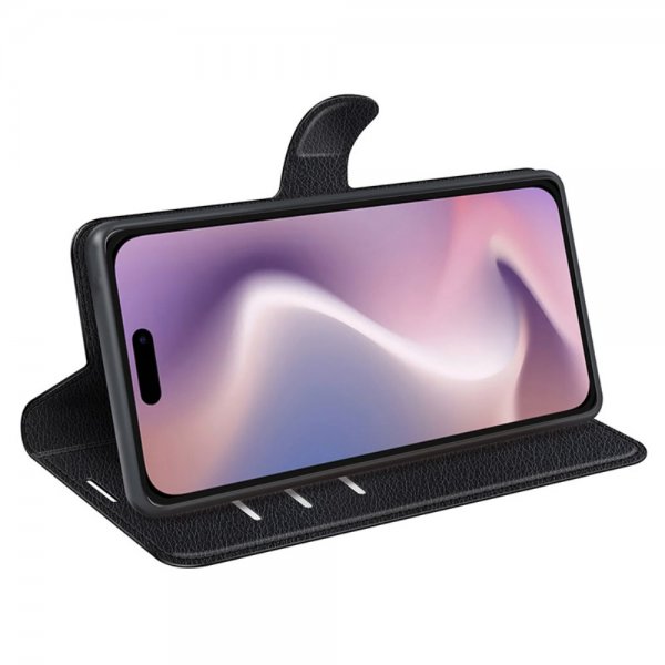 iPhone 16 Plus -kotelo, litsi-nahka, musta
