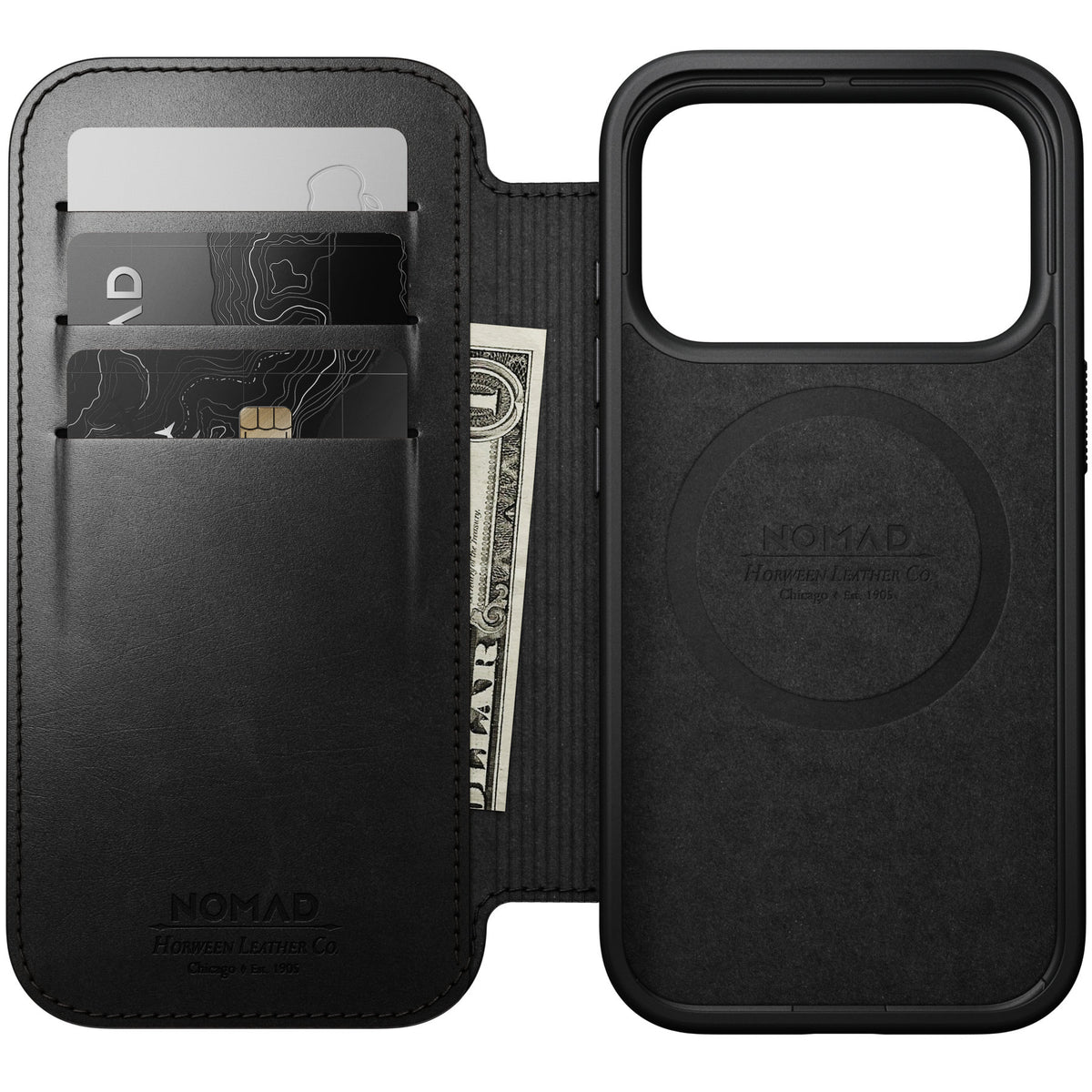 Nomad iPhone 17 Pro/iPhone 18 Pro Kotelo Modern Leather Folio Horween Musta