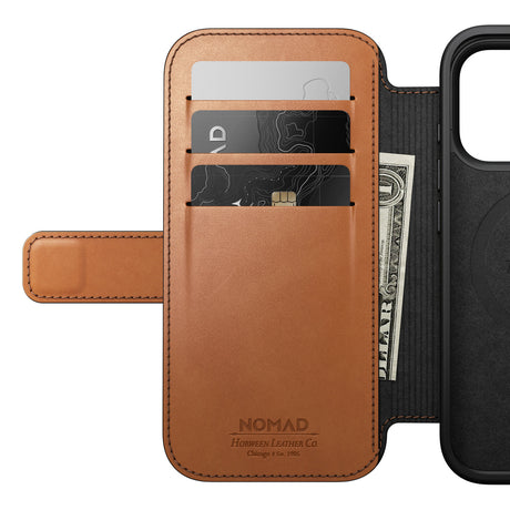 Nomad iPhone 17 Pro/iPhone 18 Pro Kotelo Modern Leather Folio Horween Saddle