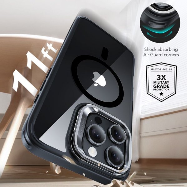 ESR iPhone 16 Pro Max -kuori ja näytönsuoja Classic Hybrid Kickstand MagSafe -setti, musta läpinäkyvä