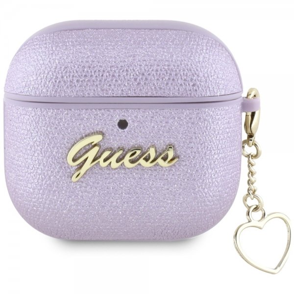 Guess AirPods 4 Kotelo Metallic Script Charm Lila