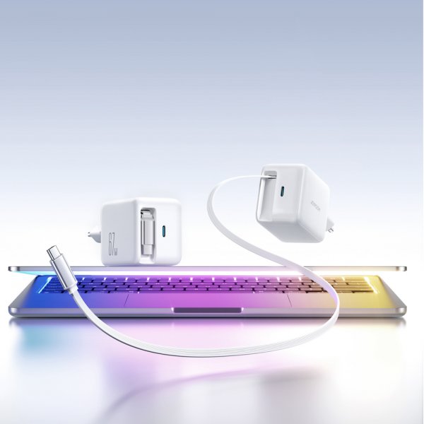 Joyroom 67W Seinälaturi sisäänrakennetulla USB-C kaapelilla & USB-C liitännällä Valkoinen