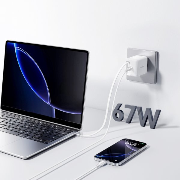 Joyroom 67W Seinälaturi sisäänrakennetulla USB-C kaapelilla & USB-C liitännällä Valkoinen