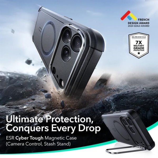 ESR iPhone 17 Pro -kuori Cyber Tough MagSafe-jalustalla, musta