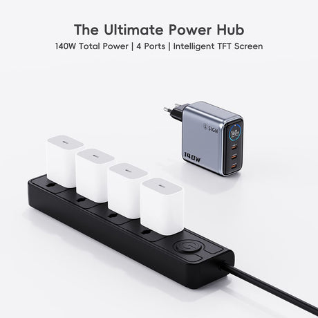SiGN 140W Pikalataaja näytöllä 3xUSB-C/1xUSB-A Harmaa