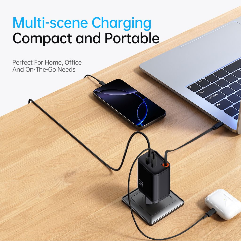 SiGN 65W Snabbladdare GaN med utdragbar USB-C kabel Musta