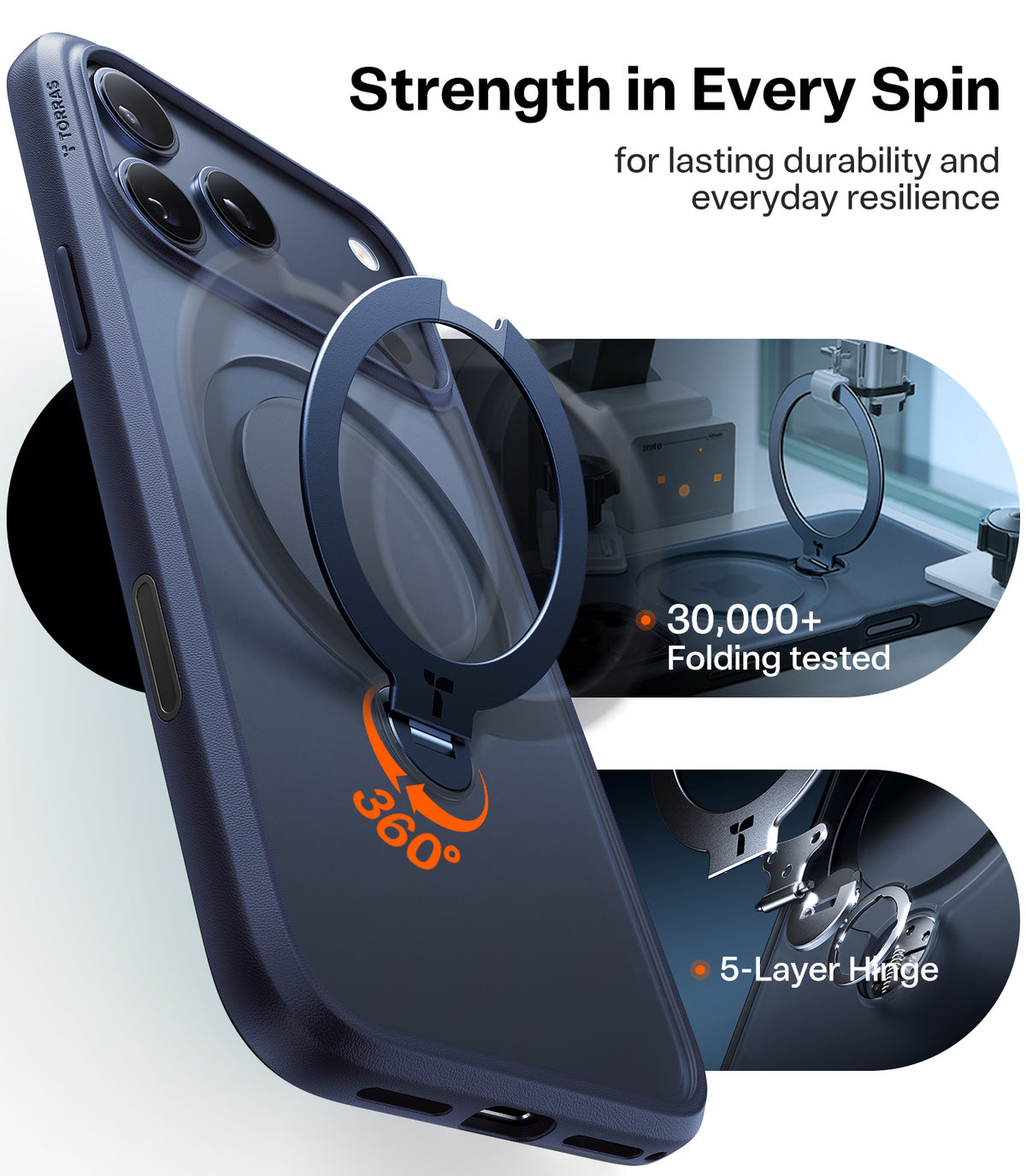 Torras iPhone 17 Pro Max Kuori Ostand Q3 Spin Syvänsininen