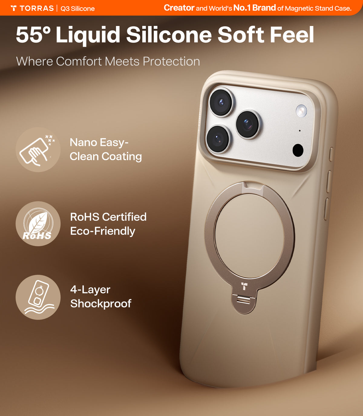 Torras iPhone 17 Pro Max Kuori Ostand Q3 Silicone Desert Gold