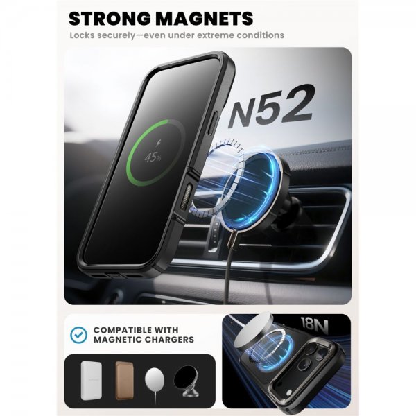 Supcase iPhone 17 Pro -suojakuori Ares Flip MagSafe Musta