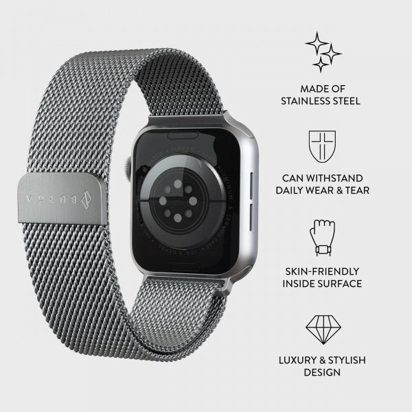 Burga Apple Watch 38/40/41/42mm ranneke, metalliverkko, hopea