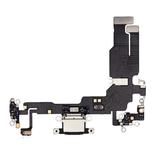 Latausliitin ja joustokaapeli iPhone 15 Plussaan - Musta