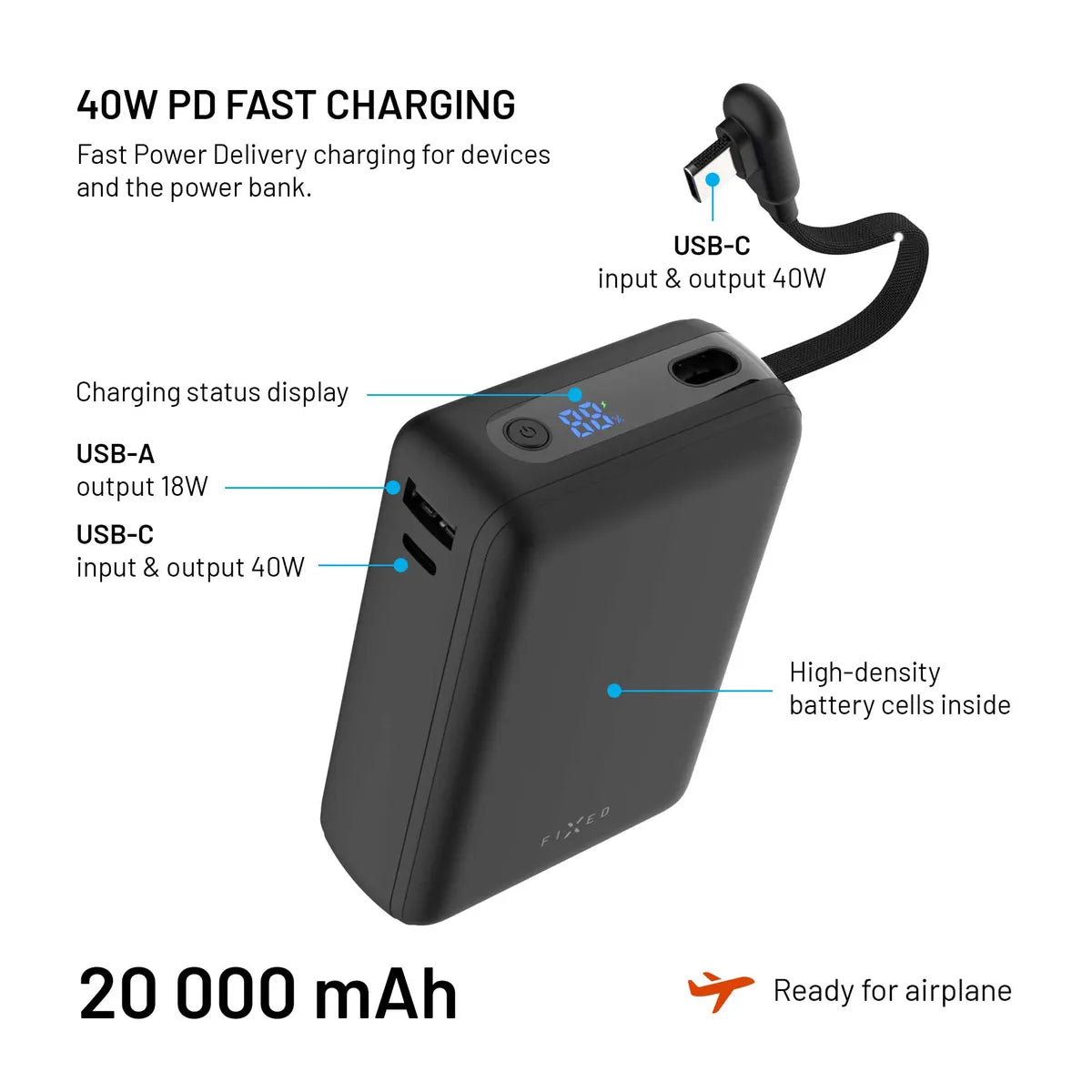 Fixed Zen 20 Loop Powerbank sisäänrakennetulla USB-C kaapelilla 40W