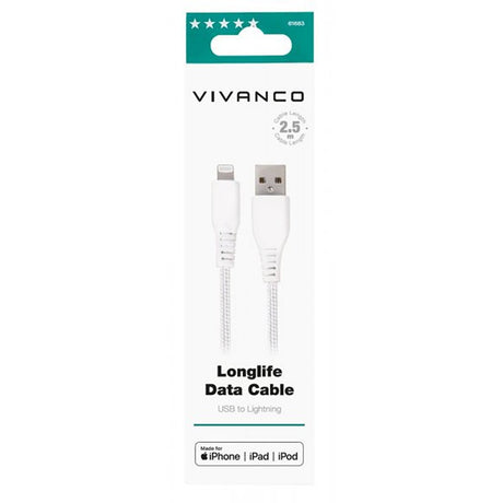 Vivanco Kaapeli Longlife Punottu USB-A/Lightning 2.5m Valkoinen