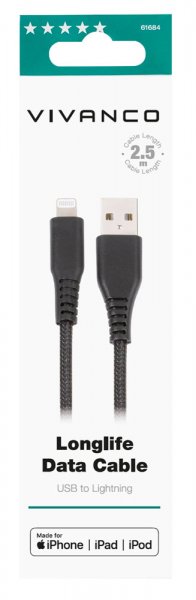 Vivanco Kaapeli Longlife Punottu USB-A/Lightning 2.5m Musta