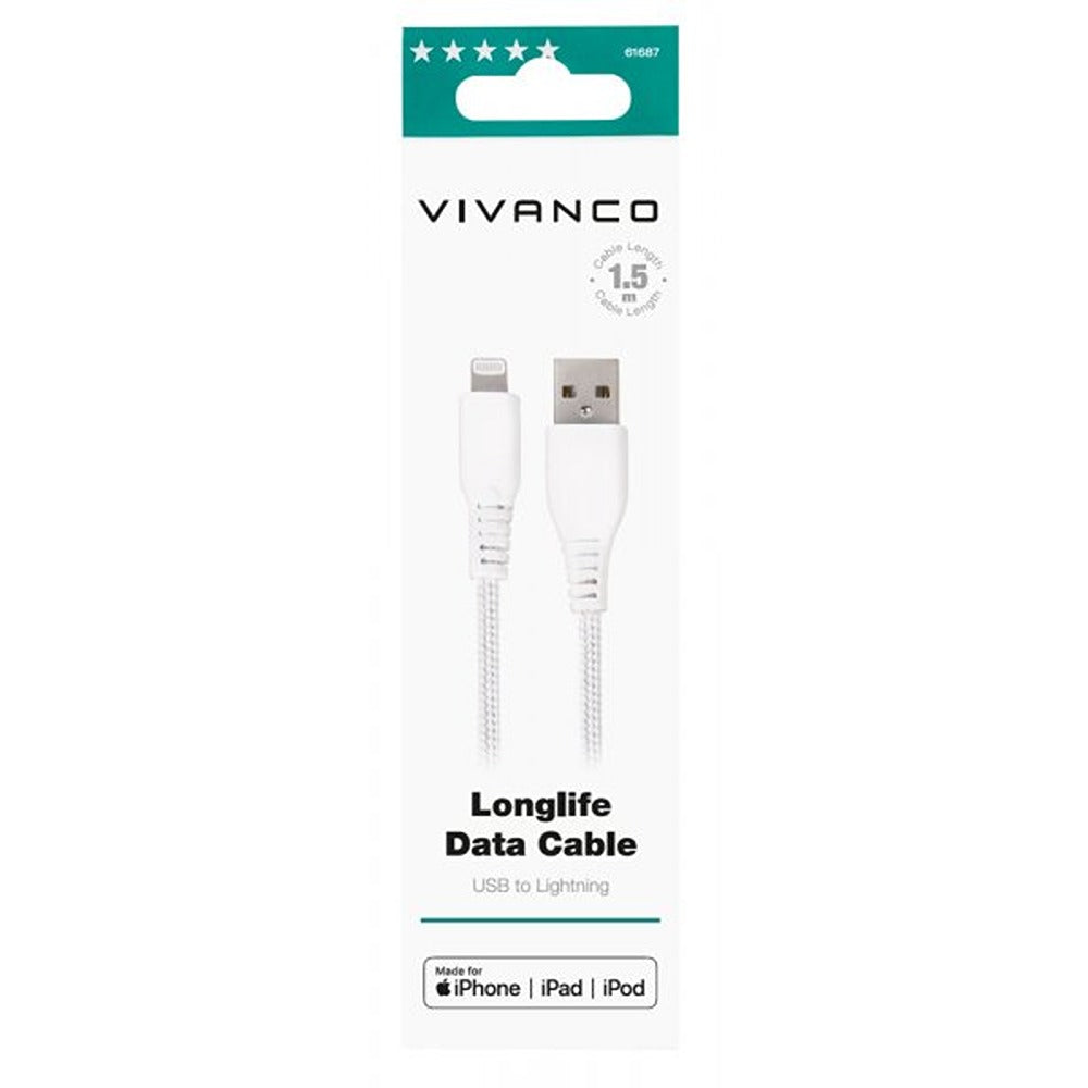 Vivanco Kaapeli Longlife Punottu USB-A/Lightning 1.5m Valkoinen
