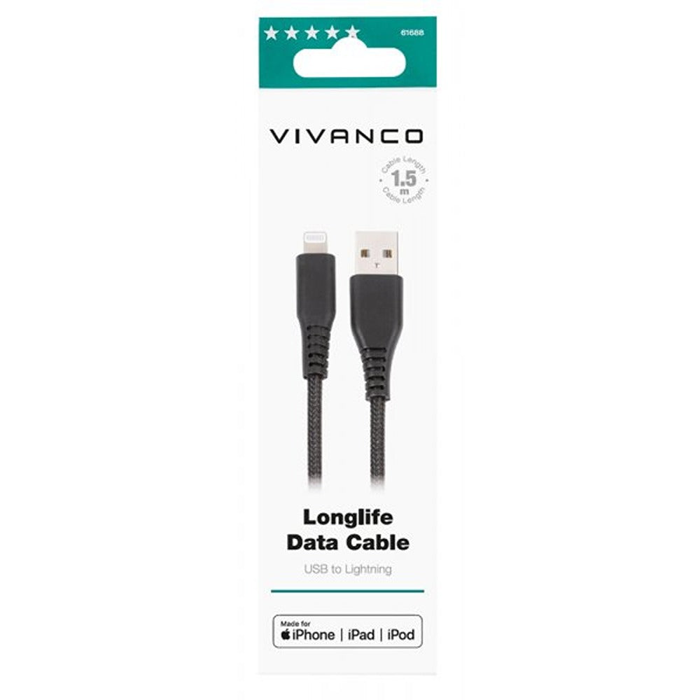 Vivanco Kaapeli Longlife Punottu USB-A/Lightning 1.5m Musta