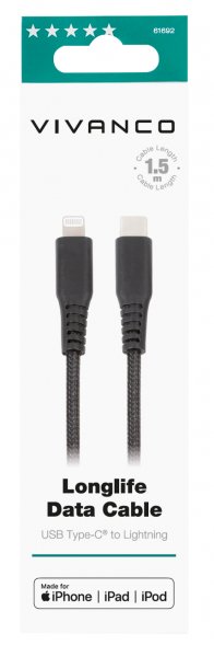 Vivanco-kaapeli Longlife punottu USB-C/Lightning 1,5 m musta