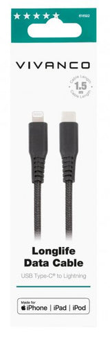 Vivanco-kaapeli Longlife punottu USB-C/Lightning 1,5 m musta