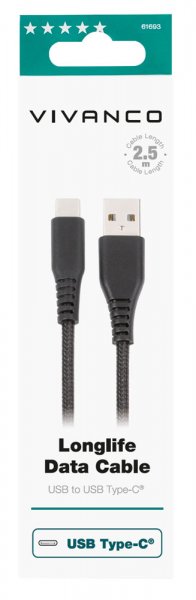Vivanco Kaapeli Longlife Punottu USB-A/USB-C 2.5m Musta