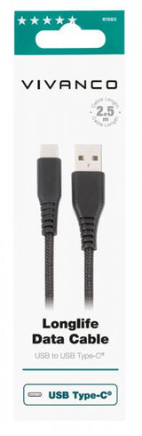 Vivanco Kaapeli Longlife Punottu USB-A/USB-C 2.5m Musta