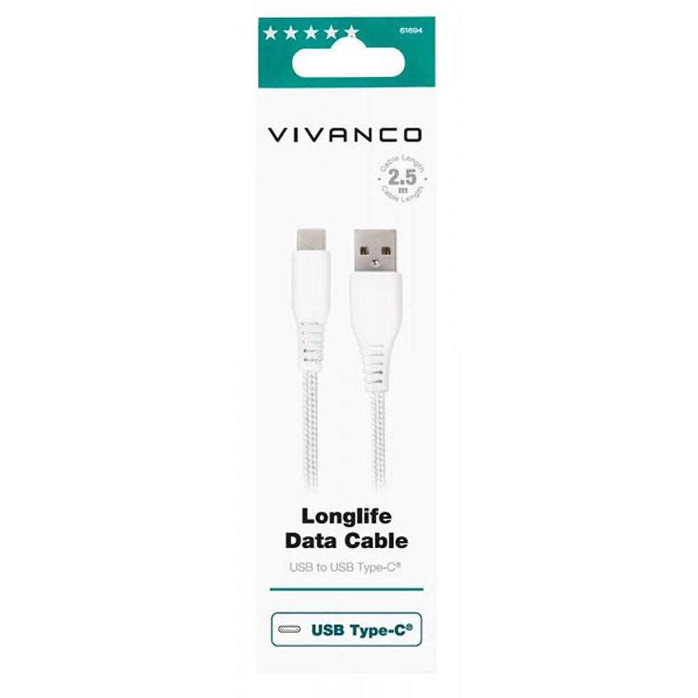 Vivanco Kaapeli Longlife Braided USB-A/USB-C 2.5m Valkoinen
