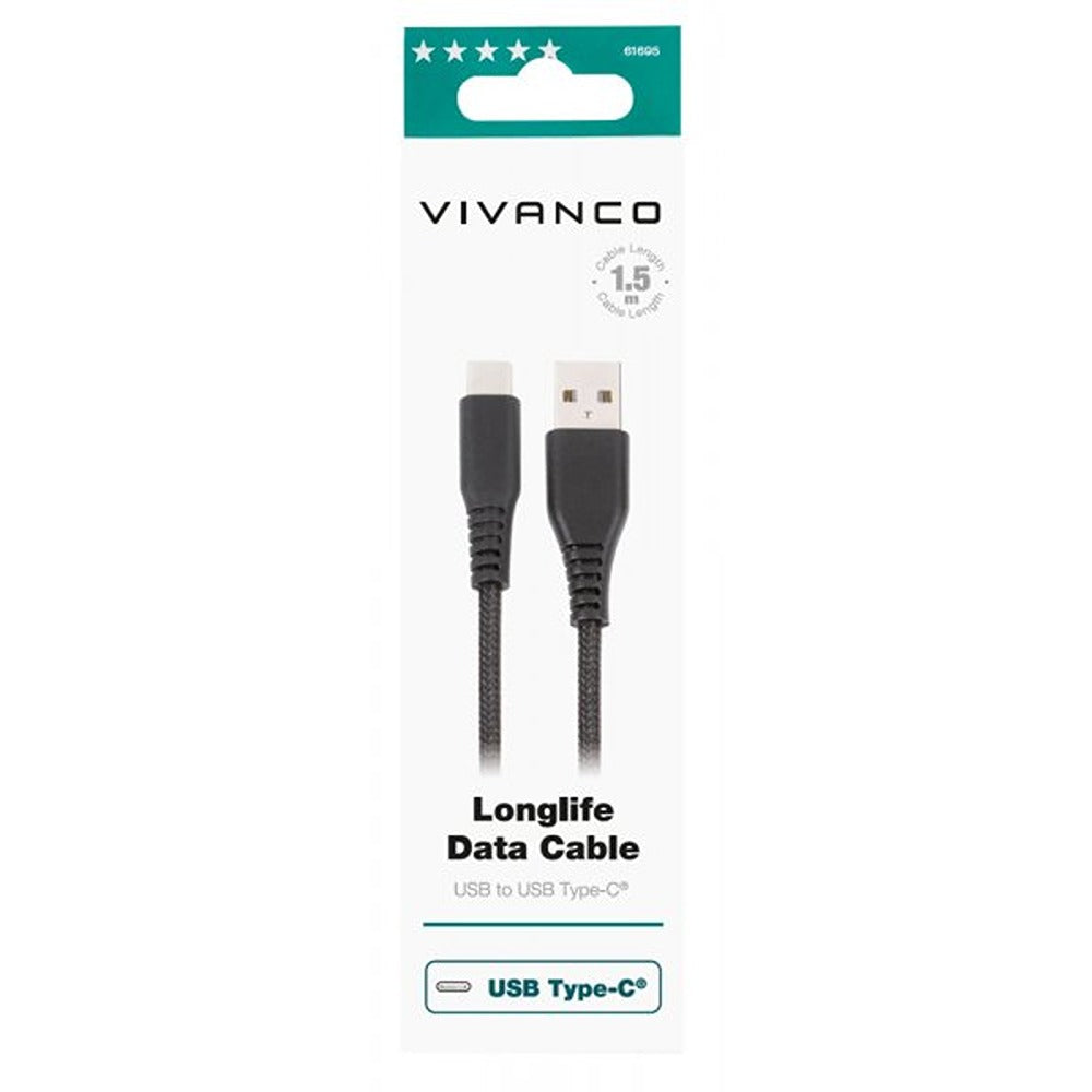 Vivanco Longlife Braided -kaapeli USB-A/USB-C 1,5 m musta