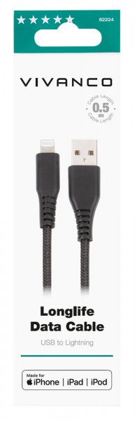 Vivanco Kaapeli Longlife Punottu USB-A/Lightning 0,5m Musta