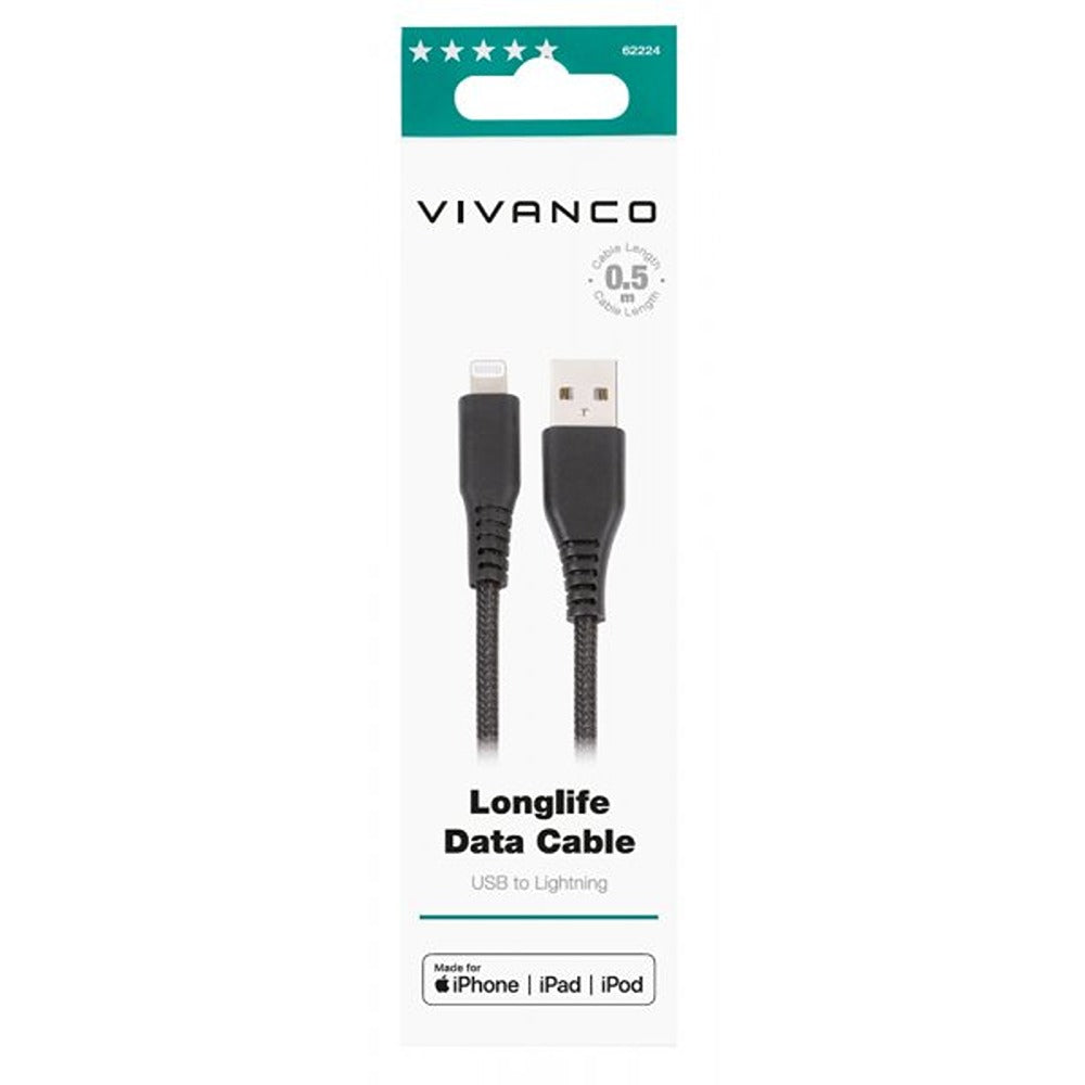 Vivanco Kaapeli Longlife Punottu USB-A/Lightning 0,5m Musta