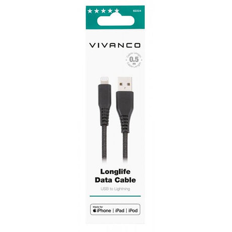 Vivanco Kaapeli Longlife Punottu USB-A/Lightning 0,5m Musta