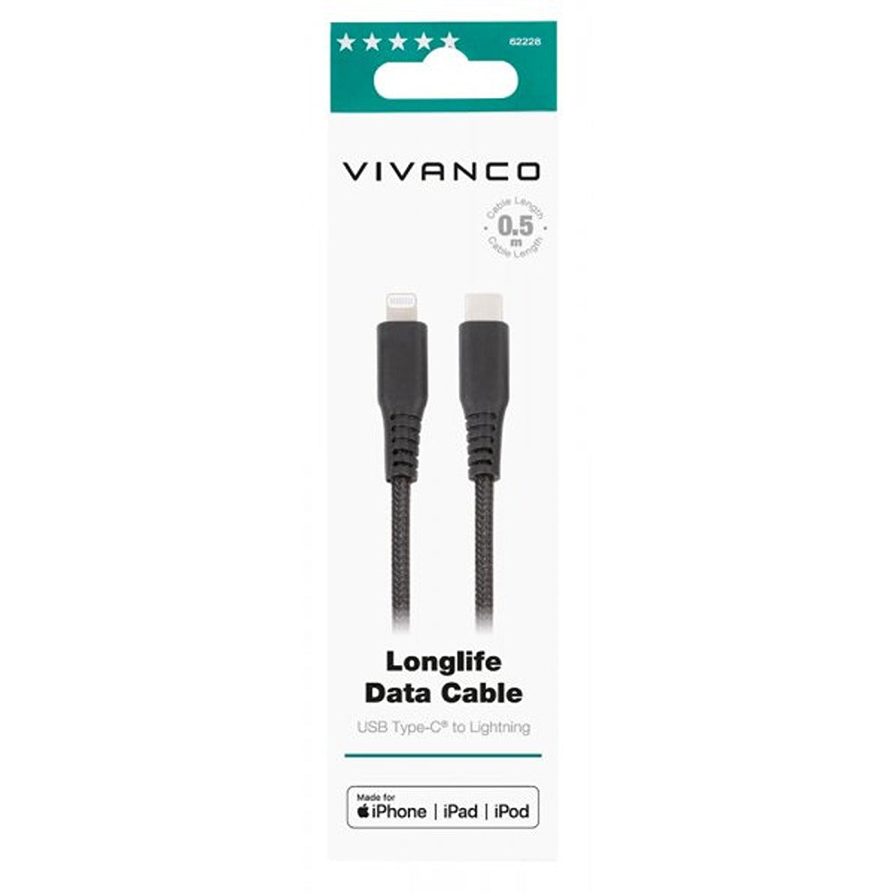 Vivanco Kaapeli Longlife Braided USB-C/Lightning 0.5m Musta