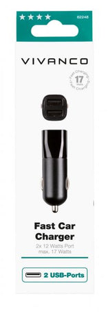 Vivanco Autolaturi Kiinteä autolaturi 2xUSB-A 17W Musta