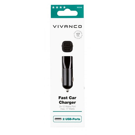 Vivanco Autolaturi Kiinteä autolaturi 2xUSB-A 17W Musta