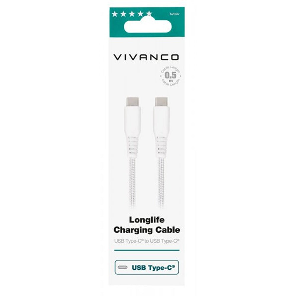 Vivanco Kaapeli Longlife Punottu USB-C/USB-C 0.5m Valkoinen