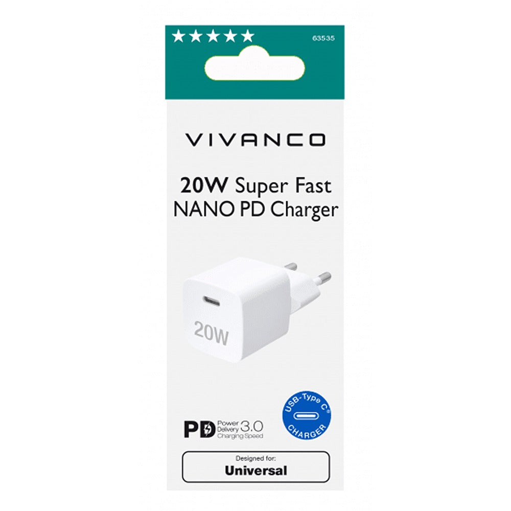 Vivanco Laturi 20W Supernopea NANO PD -laturi Valkoinen