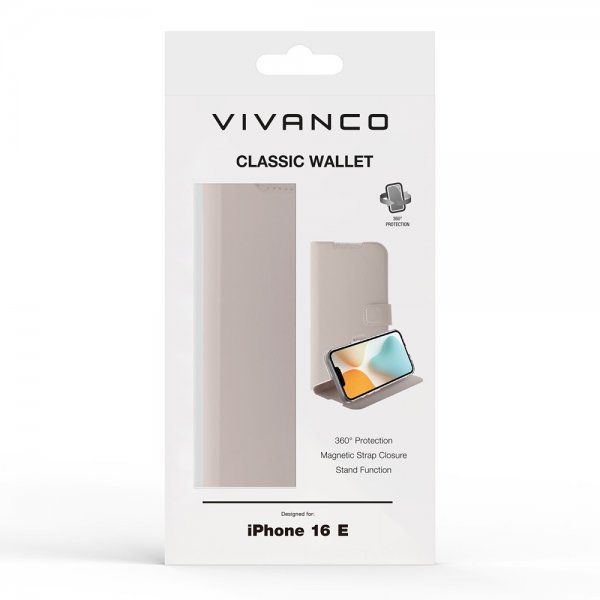 Vivanco iPhone 16e/17e Classic Wallet -suojakotelo, Greige