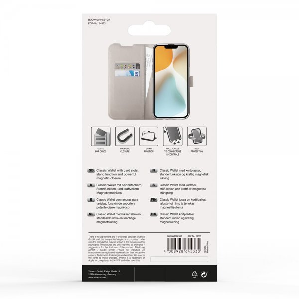 Vivanco iPhone 16e/17e Classic Wallet -suojakotelo, Greige